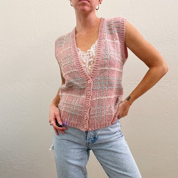 Vintage Pastel Pink Green Plaid Knit Button Up Sweater Vest - Picture 4 of 7